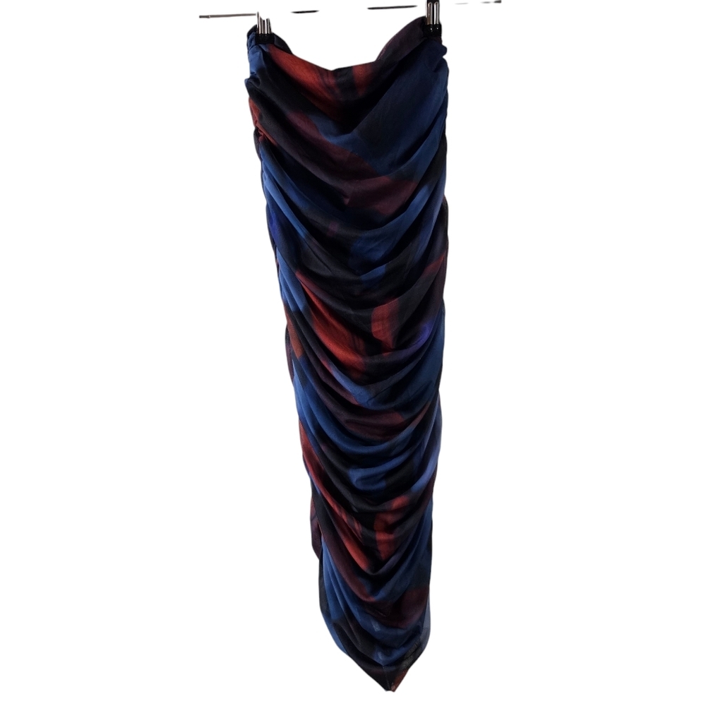 ZARA Ruched pencil skirt blue & red lined mesh NWOT Size S 044